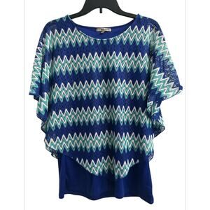 Ultra Teeze Blue White Chevron Lace V-Neck 3/4 Sleeve Poncho Womens Size Large